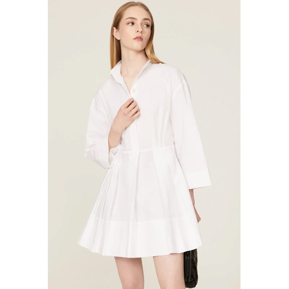 Vince Collared Mini Shirt Dress White Pleated Button Front Cotton Hemp Sz L‎